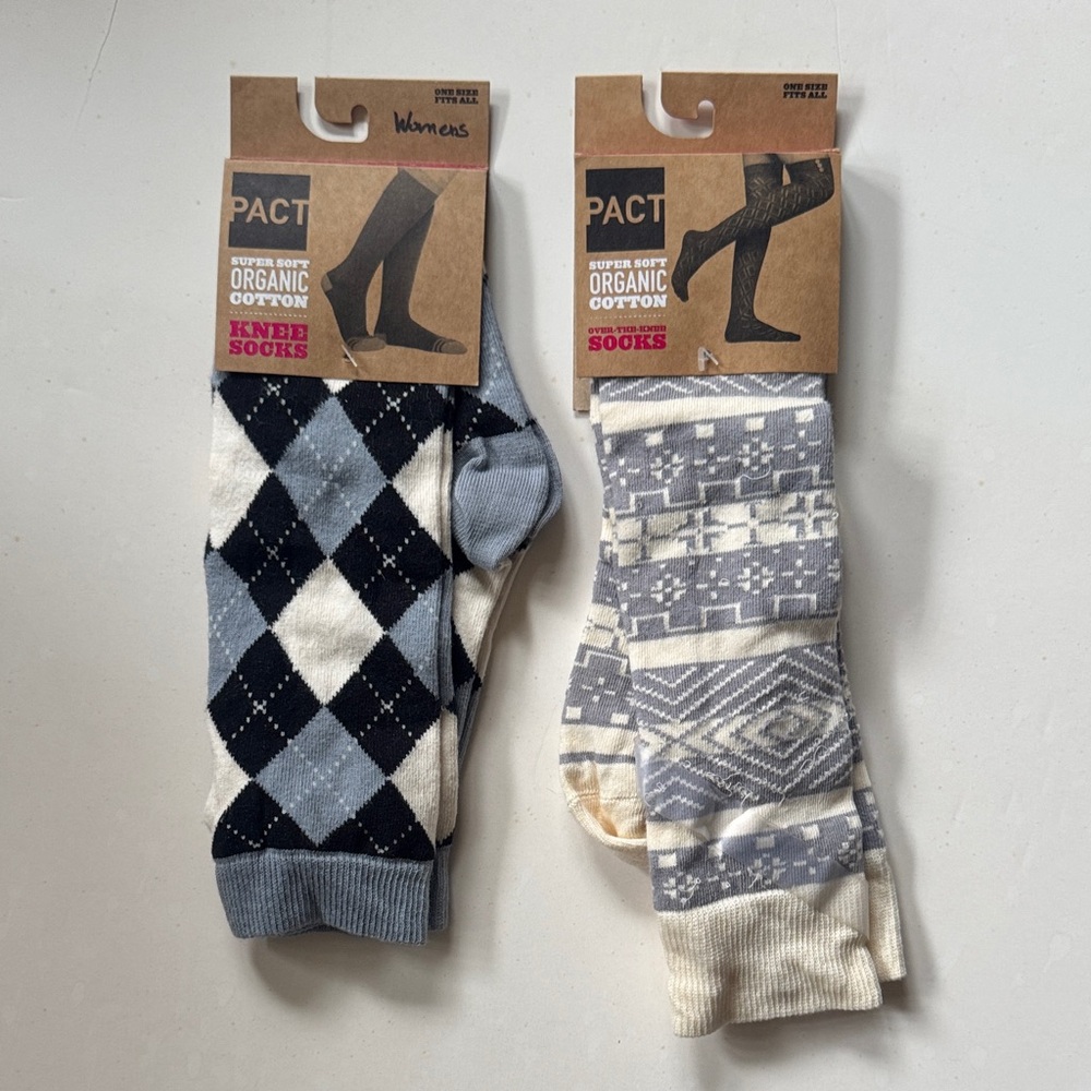 Pact Women's Blue Argyle and  Gray & Cream Knee Socks - Two-Pack - NWT